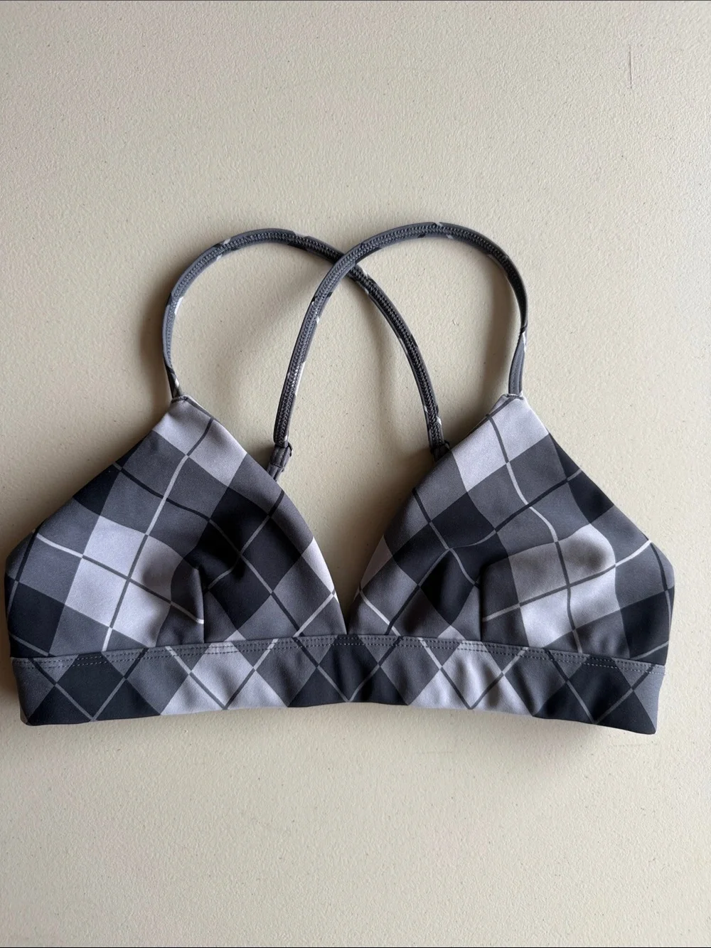 ALO Yoga Gray triangle Bra w/ Plaid print, adjustable straps
